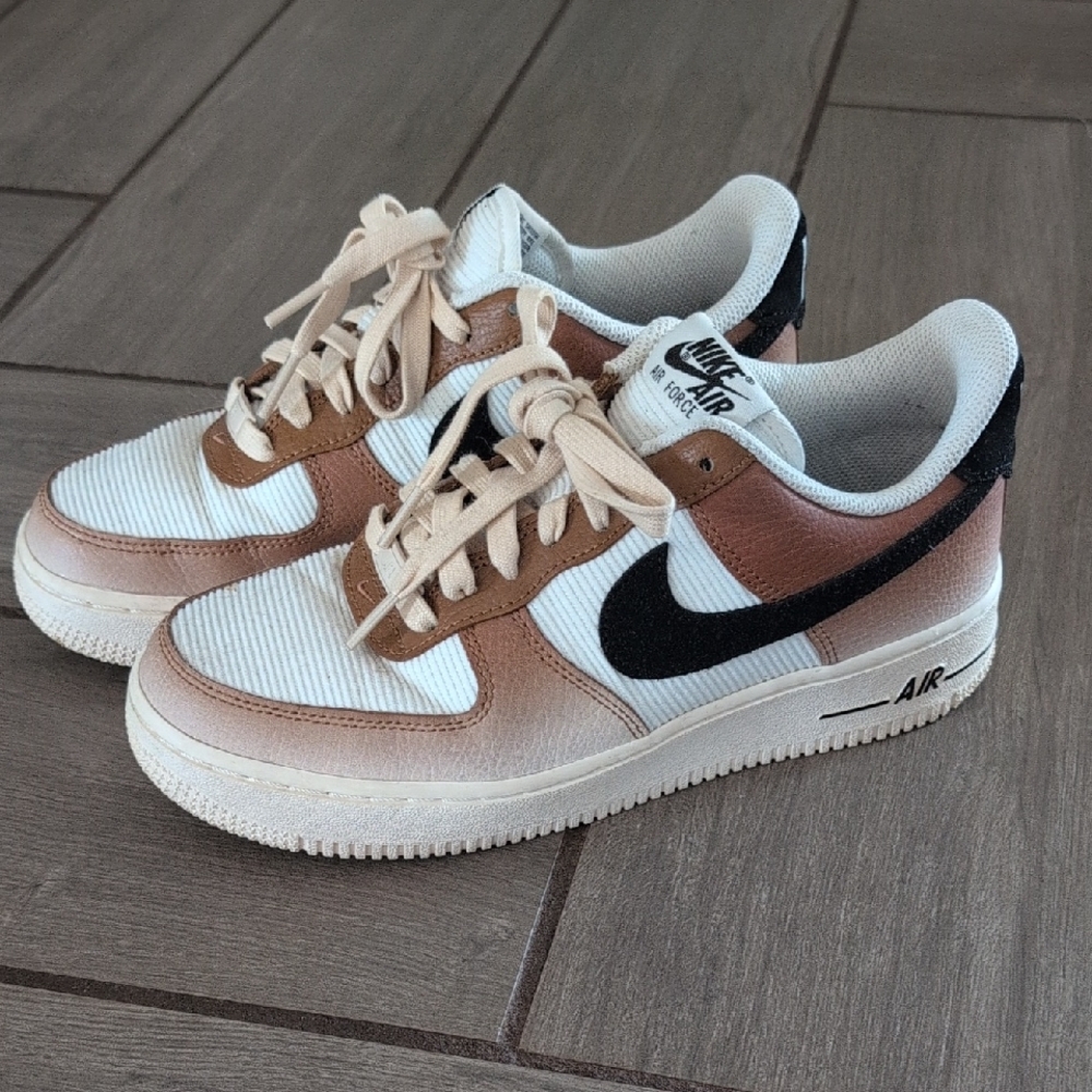 Nike White and Brown Sneakers Classic Air Force 1 Design